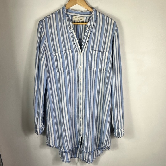 Anthropologie Cloth & Stone High-Low Frayed Linen BlendStriped Tunic Shirt Dress - Picture 2 of 8